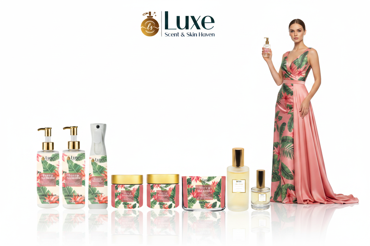 Terra Melodia — 8-Piece Lineup, British Female Model Coral Pink Tropical Green Gown Right
